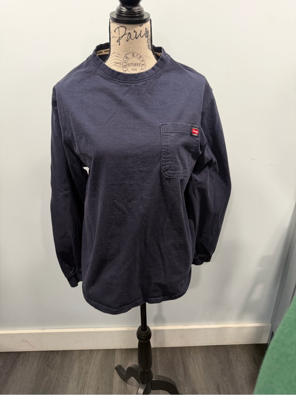 Wrangler Navy Long Sleeve Pocket Tee with Red Logo Patch